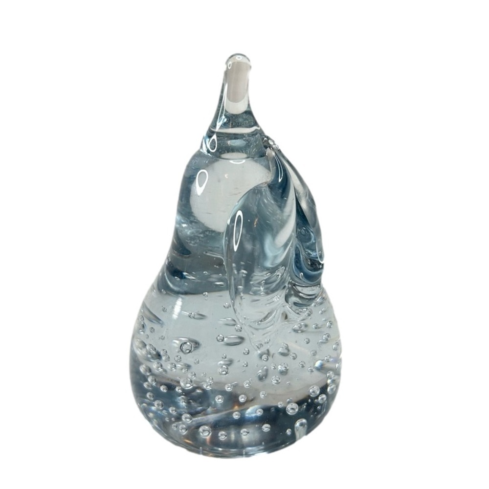 Pear Glass Paper Weight with Controlled Bubble Clear Base